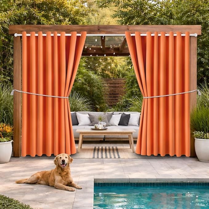 Waterproof Outdoor Curtain W105 x L108 - Grommet Top Sunlight Blocking Window Treatment Drapes Blackout Curtains for Home Bedroom Living Room Outdoor Patio Porch Pergola, Orange, 2 Panels
