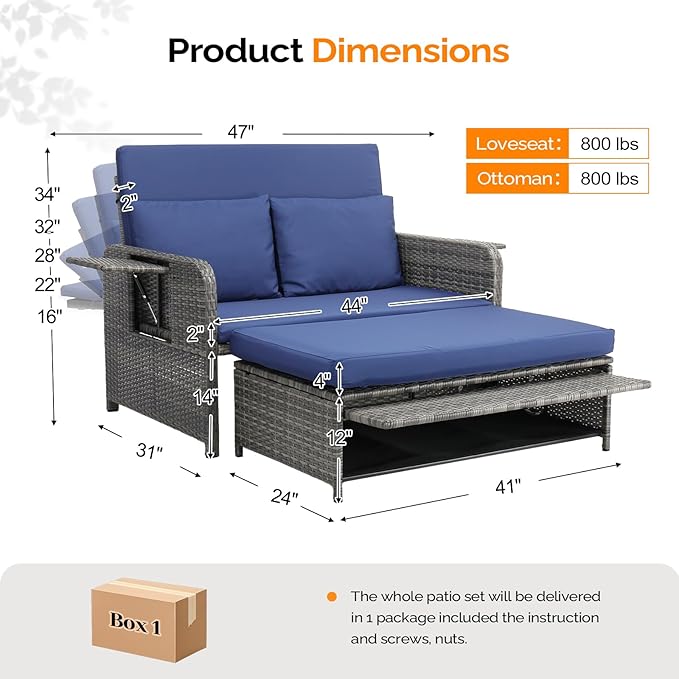 VINGLI Patio Daybed, Wicker Outdoor Daybed with Storage Ottoman & 5-Level Adjustable Backrest, All-Weather Rattan Cushioned Patio Loveseat Sofa for Garden Balcony Backyard (Navy, Gray)