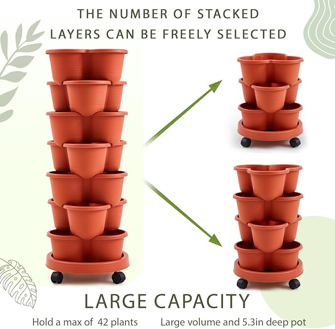 Umigy 2 Set Clay Red 7 Tier Stackable Vertical Planters with Removable Wheels and Tools Tower Planters Strawberry Herb Flower Vegetable Pots Indoor Outdoor Gardening Pots