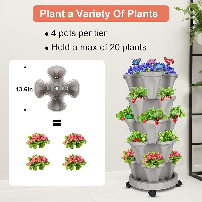 GameXcel Vertical Planter, 5 Tier Stackable Strawberry Planter with Garden Tool Set, Movable Indoor/Outdoor Garden Herb Pot for Growing Vegetables and Succulents, Gray
