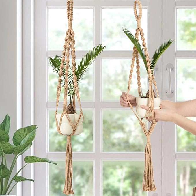 2Pcs Macrame Plant Hangers (27.56”) Indoor & Outdoor, Boho Hanging Planters for Indoor & Outdoor Plants, Macrame Wall Hanging Decor for Flower Pots & Baskets (Pots Not Included)