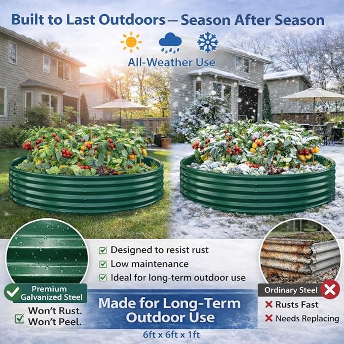 Round Galvanized Raised Garden Bed, 6x6FT, 12" Depth for Outdoor Gardening, Heavy Duty Metal Planter Box for Vegetables, Flowers & Herbs, Rust-Resistant, Easy DIY Assembly
