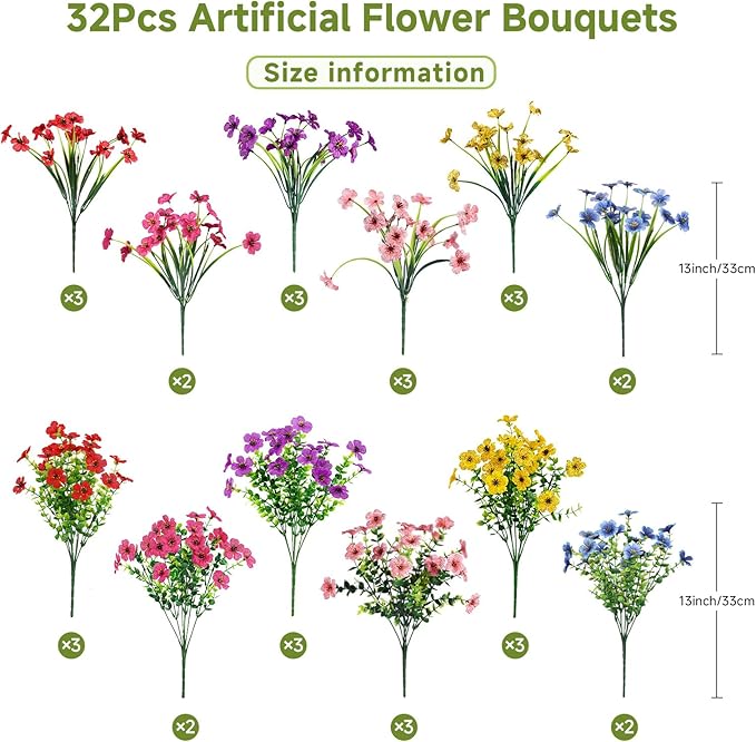 Alupssuc 32 Bundles Artificial Flowers for Outdoors Decoration, UV Resistant Silk Faux Floral Spring Fake Plastic Plants Greenery for Outside Indoor Home Garden Porch Window Box Decor, Mix 6 Colors
