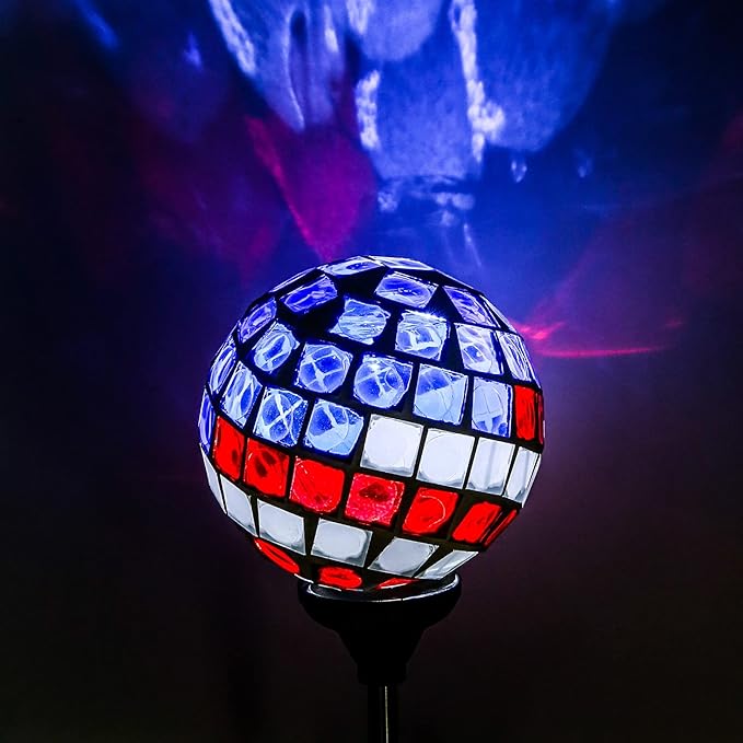 WNP Solar Powered Outdoor Garden Light Stakes Decoration, Mosaic Globe 4th of July Stake Solar Light for Patio Pathway Yard Decor, Waterproof Solar Glow Glass Ball Lights