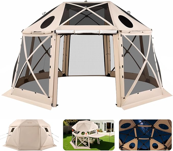 VEVOR Pop up Gazebo Screen Tent, 15 x 15 ft, 13-Sided Spherical Camping Canopy Tent with Removable Top & Carry Bag, Quick-Set & Bite-Proof, Screen House Sun Shelter for 12-15 Persons, Beige