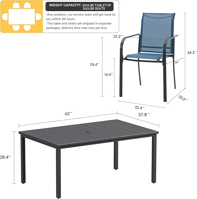 VICLLAX Patio Dining Set for 6, Outdoor Furniture Set Includes 63" Rectangle Patio Table and 6 Patio Stackable Chairs, Outdoor Table and Chairs for Outsides, Black Tabletop and Blue Fabric