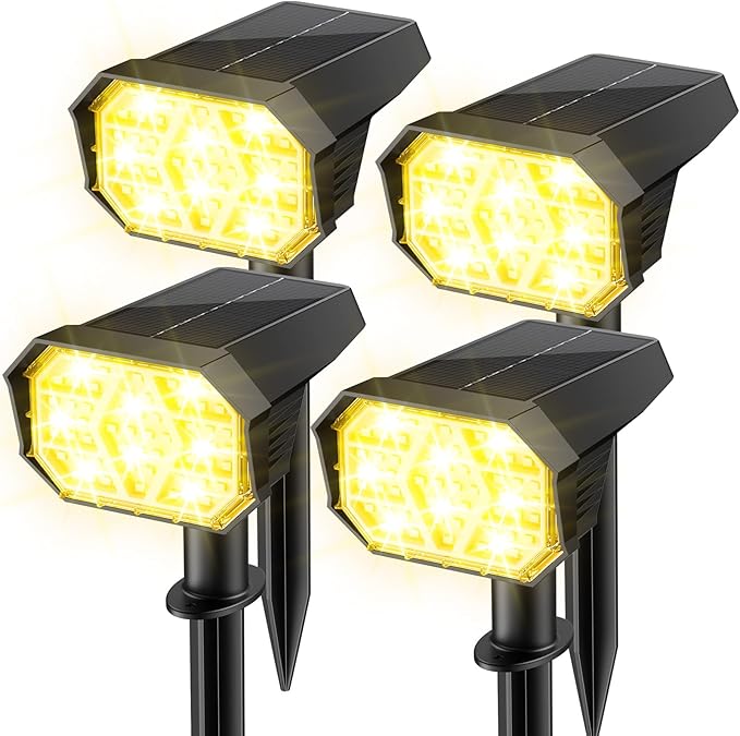 Brightown Solar Lights Outdoor with 58 LED & Auto ON/Off, IP67 Solar Spot Lights Outdoor with 3 Light Intensities. 2-in-1 Outdoor Solar Lights for Yard, Gardens, Flag and Pathways. 4Pcs (Warm White)