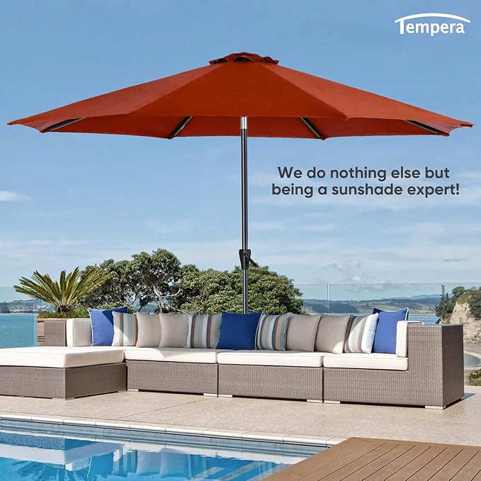 Tempera Patio Market Outdoor Table Umbrella with Auto Tilt and Crank, Large Sun Umbrella with Sturdy Pole & Fade Resistant Canopy, Easy to Set