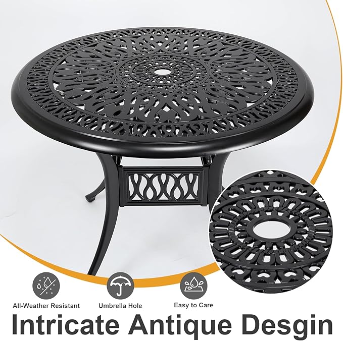35" Outdoor Dining Table, Cast Aluminum Patio Bistro Table with 2.44" Umbrella Hole, Patio Furniture for Backyard Garden, Black