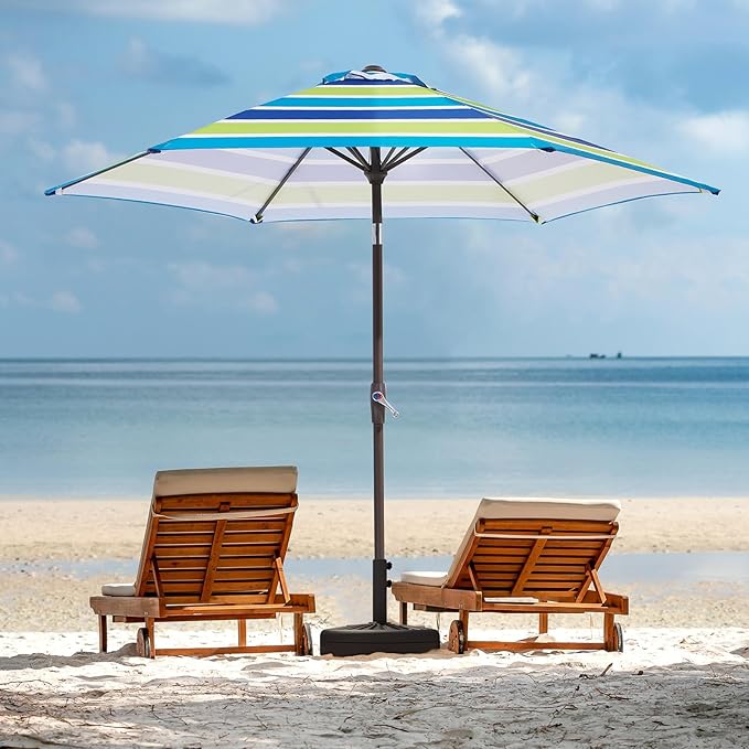 JEAREY 7.5FT Patio Umbrella Market Table Umbrella with 6 Sturdy Ribs, Push Button Tilt/Crank Outdoor Umbrella for Garden, Deck, Backyard, Pool and Beach,Bold Blue-Green Stripe