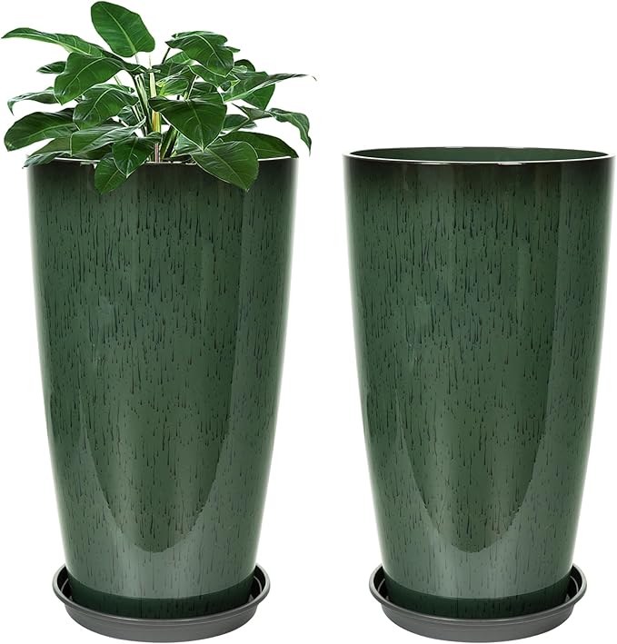 Set of 2 Lightweight Ceramic-Look Tall Planter, 21 inch Large Plastic Planter with Drain Hole & Saucers, Large Outdoor Planters for Porch, Garden, Patio, Balcony(Dark Green)
