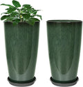 Set of 2 Lightweight Ceramic-Look Tall Planter, 21 inch Large Plastic Planter with Drain Hole & Saucers, Large Outdoor Planters for Porch, Garden, Patio, Balcony(Dark Green)