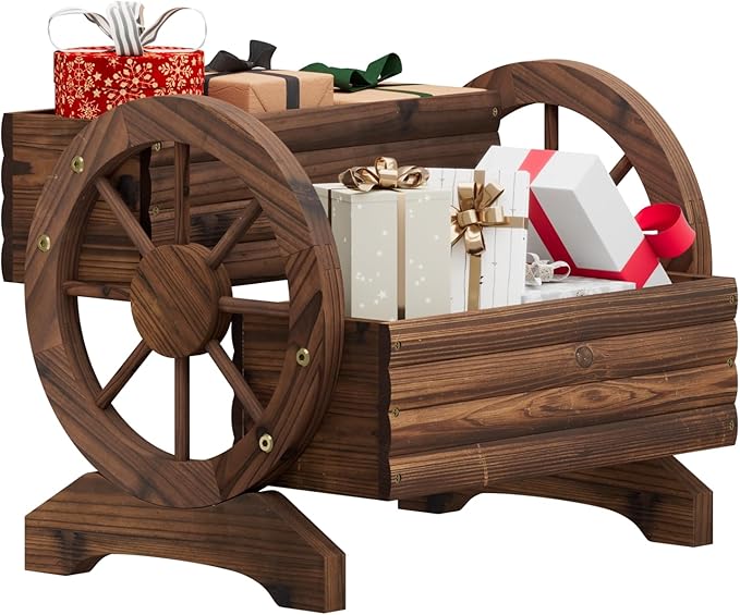 Wooden Wagon Planter Flower Cart with Wheels Garden Box Garden Planter, Decorative Planter for Flowers Herbs Vegetables for Indoor & Outdoor Décor Flower Cart for Patio Garden Balcony (Carbonized)