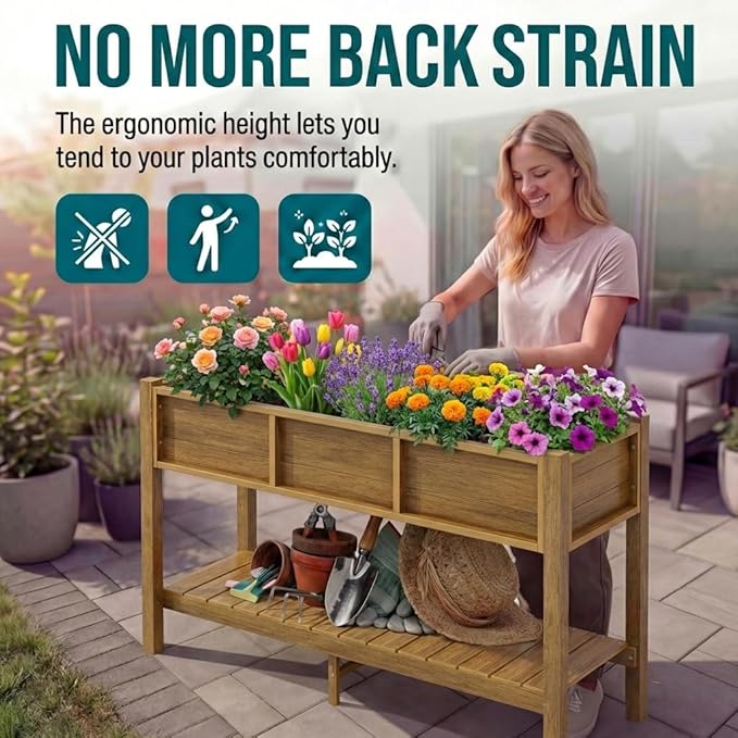 YITAHOME Raised Garden Bed Outdoor HDPE with Shelf, 48x18x30in Poly-Wood Weather-Resistant Elevated Planter Box with Legs for Vegetable Flower, Herb Garden Bed for Backyard Balcony Garden, Brown