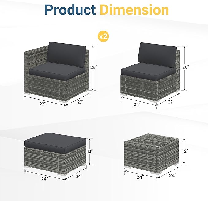 Wisteria Lane Outdoor Patio Furniture Set, All Weather Wicker Rattan Sectional Sofa, Patio Conversation Set with Cushions & Glass Coffee Table for Backyard Porch Garden Balcony, Grey