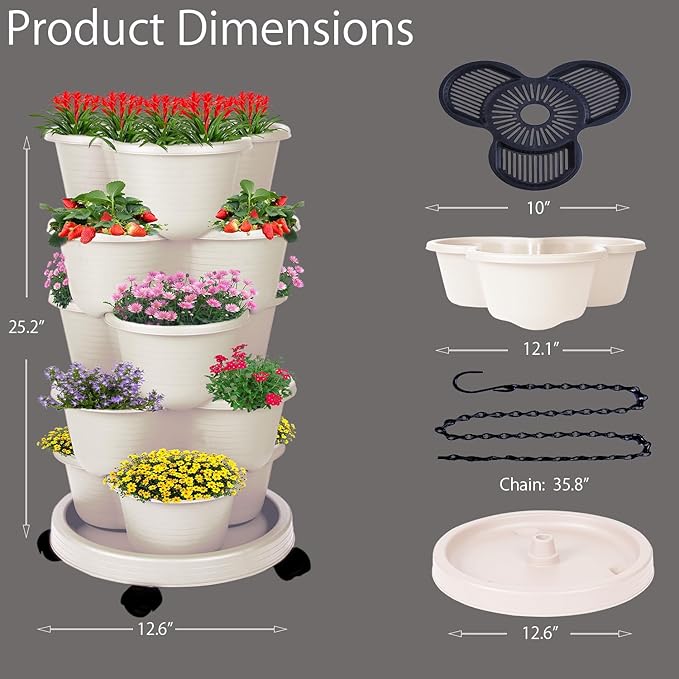 5-Tier Vertical Garden Tower Stackable Planter for Strawberries, Flowers, Vegetables & Herbs Beige