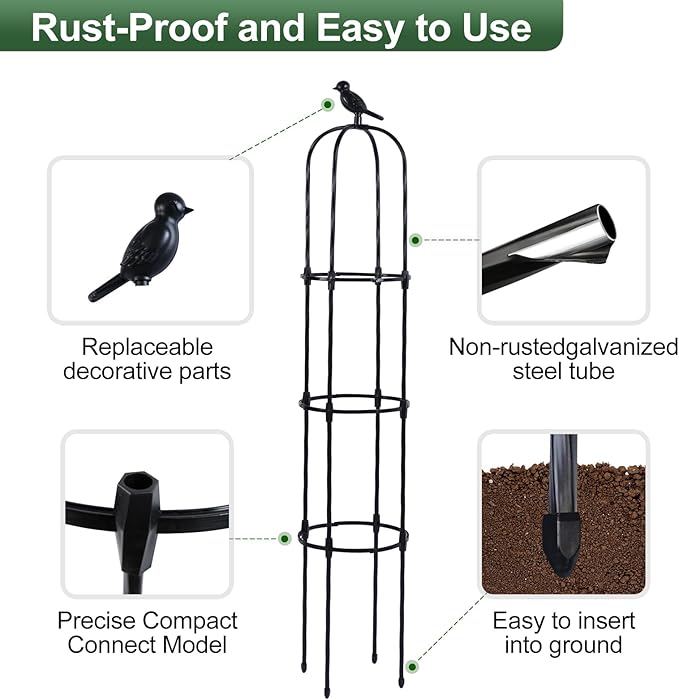 Lalahoni Garden Obelisk Trellis for Climbing Plants Outdoor, 6ft Round Rose Trellis for Pots, Metal Plant Support for Clematis, Jasmine, Ivy, Decorative Outdoor Trellis, Black, 1Pack