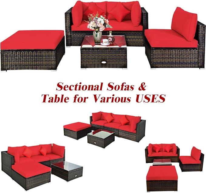 Tangkula 5 Pieces Patio Rattan Furniture Set, Outdoor Sectional Rattan Sofa Set with Back & Seat Cushions, Wicker Conversation Set with Tempered Glass Table for Backyard Porch Poolside (Red)