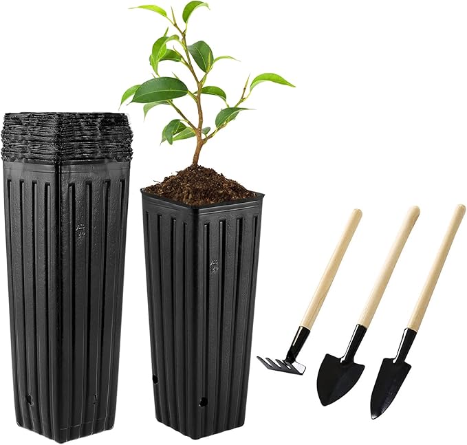 20 Pcs Plastic Deep Nursery Pots,9.8" Tall Tree Pots,Tall Nursery Tree Pots Plant Deep Seedling Pots, Flower Plant Container Pots with 3 Pcs Garden Tools for Indoor Outdoor Use
