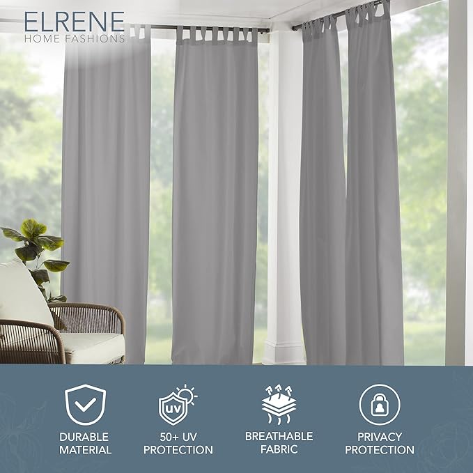 Elrene Home Fashions Matine Weatherproof Tab-Top Indoor/Outdoor Solid Color Curtain Panel for Porch, Pergola, Patio, Deck, 52”W x 84”L, Gray