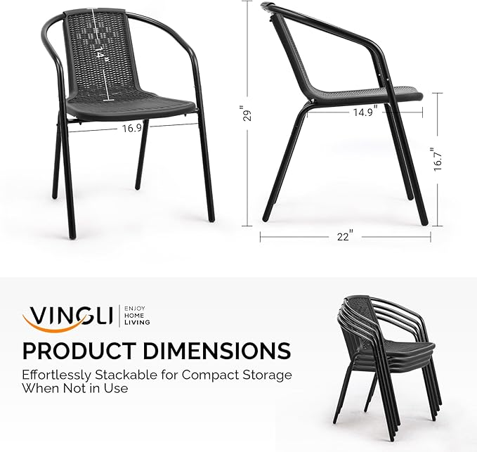 VINGLI PE Rattan Outdoor Dining Chairs Set of 2, Plastic Stackable Patio Chairs for Indoor, Porch, Restaurant, Garden, Black