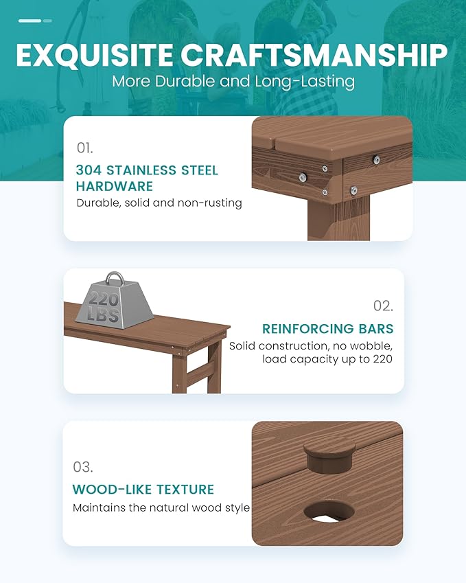 SERWALL Outdoor Bar Set - 4 Adirondack Bar Chairs & Bar Height Table with 1.6" Umbrella Hole, All-Weather HDPE Patio Furniture for Poolside, Backyard, Garden - Brown