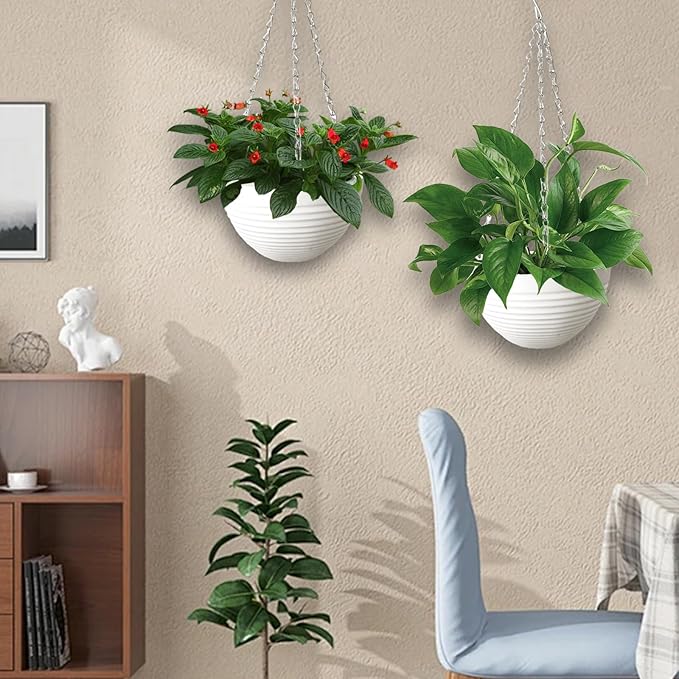 4 Pack 8 inch Plastic Self Watering Hanging Planters,Round Hanging Basket Planter with Drainer and Metal Chain,White Garden Flower Plant Pot Container for Indoor Outdoor Plants