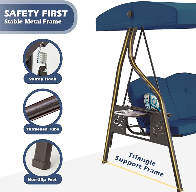 3-Seat Outdoor Porch Swing with Stand, Patio Swing with Canopy, 2 in 1 Porch Swing Bed & Patio Swing Chair for Adult w/Extra Pillows and Cup Holder for Yard (Blue)