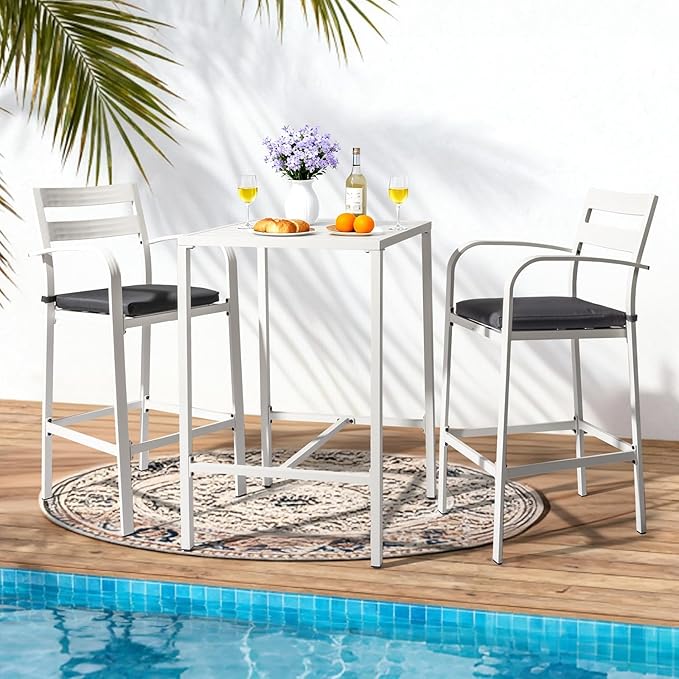 VINGLI 3-Piece Outdoor Bar Set, Aluminum Bar Height Table & 2 Chairs with Cushions, Counter Height Patio Furniture for Backyard, Poolside, Garden, Bistro, Indoor Outdoor Use (White)