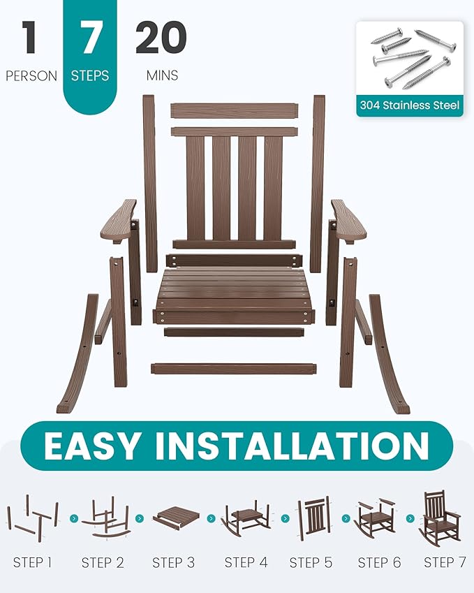SERWALL HDPE Outdoor Rocking Chair Set of 8, Patio Rocking Chairs for Adults, All Weather Outdoor Rockers for Lawn, Brown