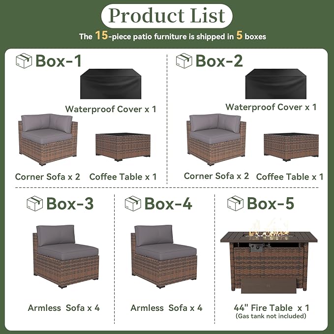 Aoxun 15 Piece Patio Furniture Set with 44” Fire Pit Table Wicker Rattan Outdoor Sectional Sofa Set with Coffee Table and Thickened Cushions, Grey (Waterproof Cover Included)