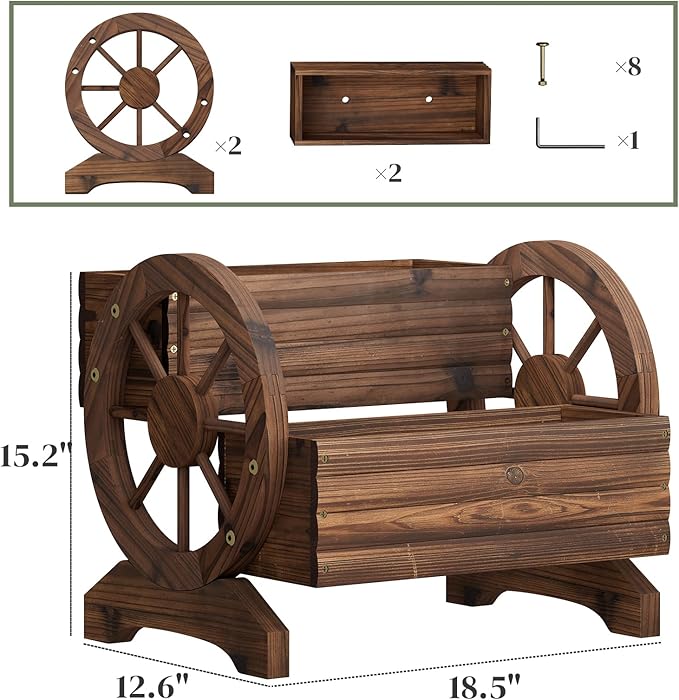 Wooden Wagon Planter Flower Cart with Wheels Garden Box Garden Planter, Decorative Planter for Flowers Herbs Vegetables for Indoor & Outdoor Décor Flower Cart for Patio Garden Balcony (Carbonized)