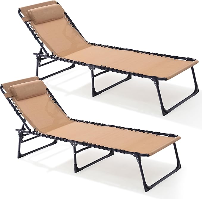 Folding Chaise Lounge Chair 2 Pack - 400lb Capacity, 5-Position Adjustable Recliner with Pillow | Portable for Patio, Pool, Camping & Sunbathing (Beige)