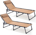 Folding Chaise Lounge Chair 2 Pack - 400lb Capacity, 5-Position Adjustable Recliner with Pillow | Portable for Patio, Pool, Camping & Sunbathing (Beige)