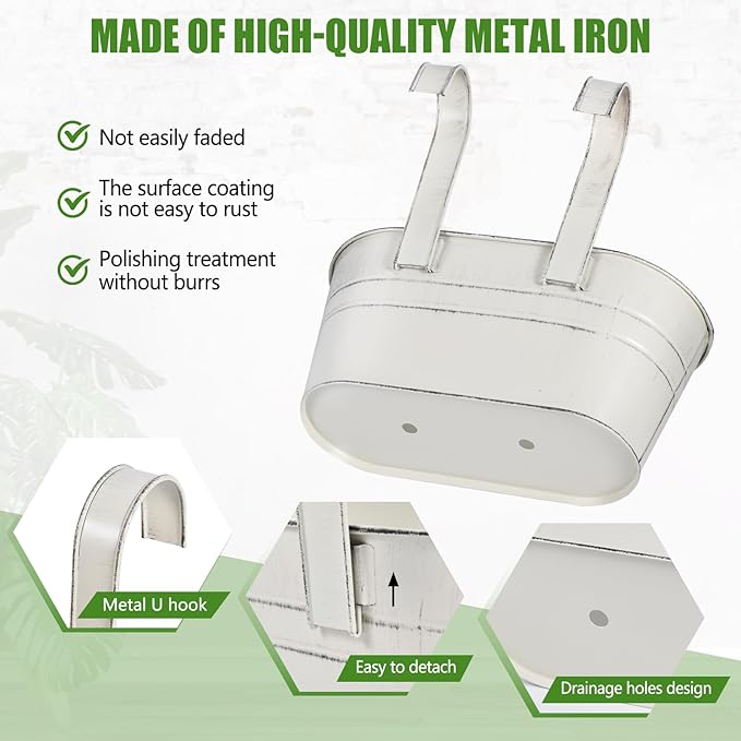OBTANIM 4 Pack Metal Hanging Flower Pots Iron Railing Planter Outdoor Fence Hanging Pots Bucket Plant Holder with Detachable Hooks Drain Holes for Home Garden Yard Decor (White)