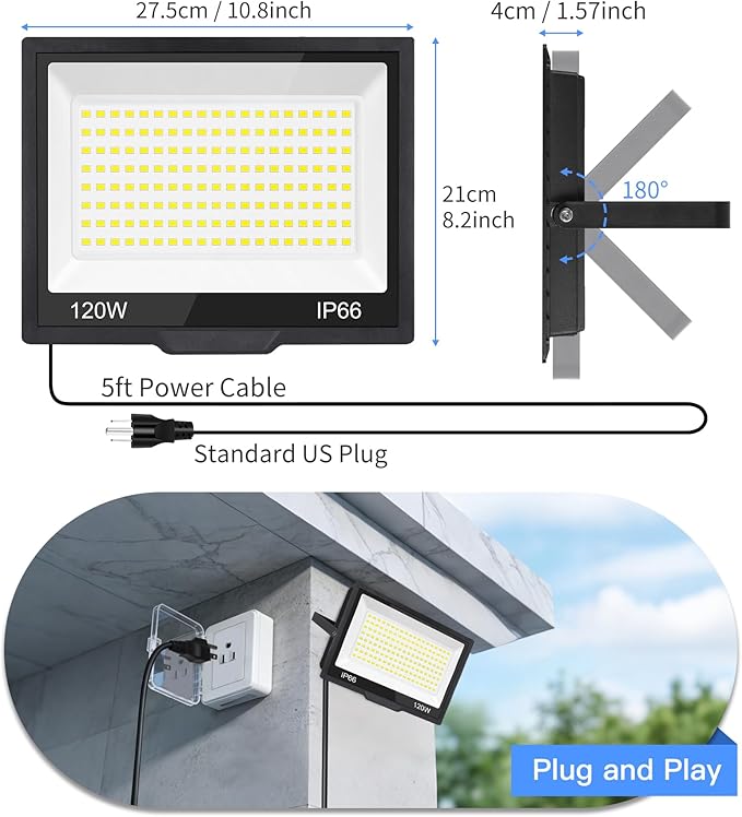 120W LED Flood Light Outdoor with Plug, 14400Lm Super Brighter Security Lights with 5ft Wire, IP66 Waterproof LED Work Light, 5000K Daylight White Exterior Floodlights for Yard Garage Stadium(2 Pack)