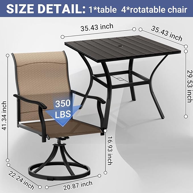 LEVELEVE 5 Piece Outdoor Patio Dining Set with 4 Swivel Dining Chairs & 1 Large Round Dining Table,Bistro Furniture Set for Lawn, Garden, Deck, Backyard and Porch