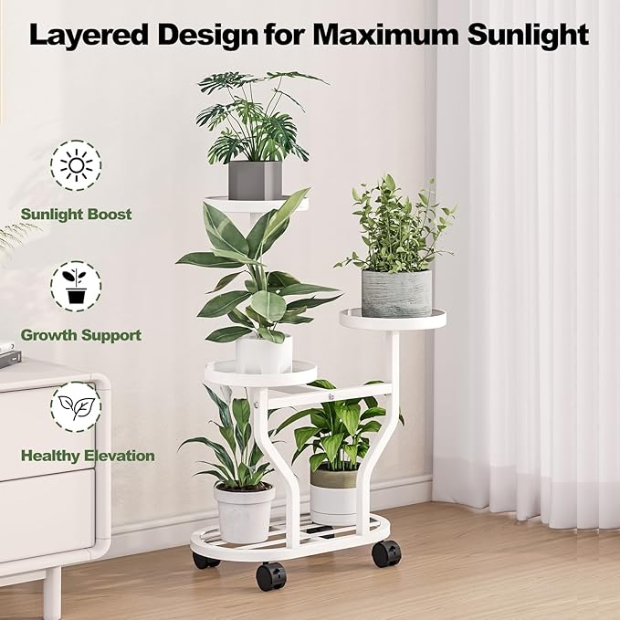 Plant Stand with Wheels 3 Tier Metal Plant Holder Corner Flower Shelf for Multiple Plants Display Rack for Bedroom Living Room Balcony Garden White (White, 3 Tier)