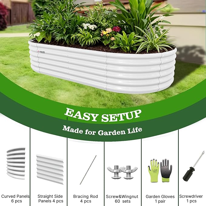 A ANLEOLIFE 8X4X1.5 ft Galvanized Raised Garden Beds Outdoor, Oval Large Metal Planter Box for Planting Vegetables Flowers Herb, Anti-Rust & Easy-Setup, Antique White