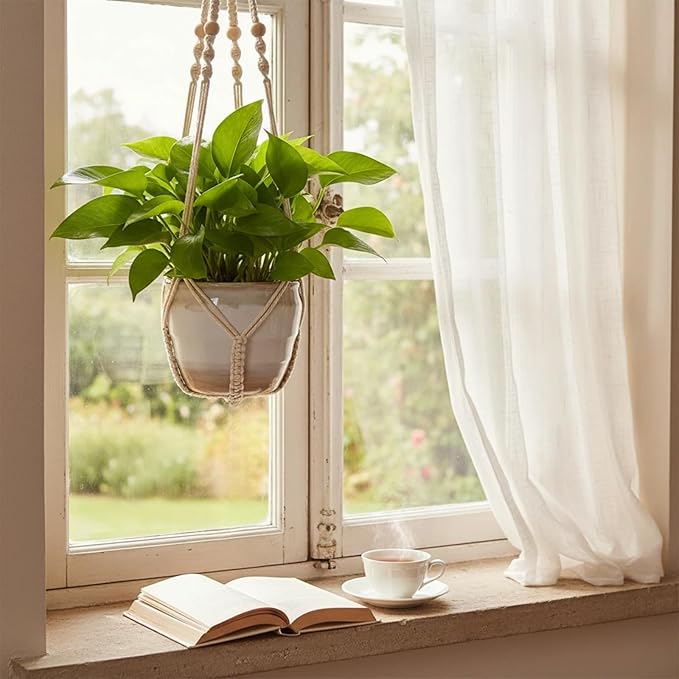 Macrame Plant Hanger, Up to 4-15 inch Pots, Wood Beads Cotton Hanging Planter Holder for Indoor Outdoor Boho Home Decor, 35 Inch, Set of 2 (Ivory)