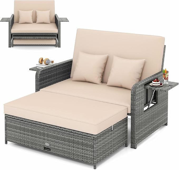LDAILY Moccha Outdoor Daybed, Wicker Loveseat Sofa Set with 4-Postion Adjustable Backrest, Storage Ottoman, Cushions, Rattan Double Bed Lounger, Patio Furniture Set (Mixed Gray+Beige)
