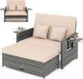 LDAILY Moccha Outdoor Daybed, Wicker Loveseat Sofa Set with 4-Postion Adjustable Backrest, Storage Ottoman, Cushions, Rattan Double Bed Lounger, Patio Furniture Set (Mixed Gray+Beige)