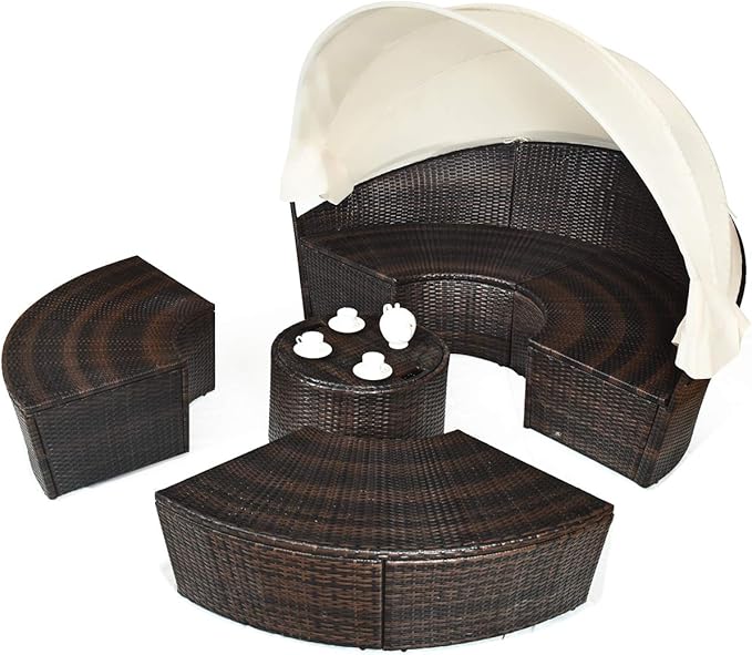 Tangkula Patio Round Daybed with Retractable Canopy, Outdoor Wicker Rattan Furniture Sets, Sectional Cushioned Sofa Set w/Height Adjustable Coffee Table, Rattan Conversation Sets (Beige)