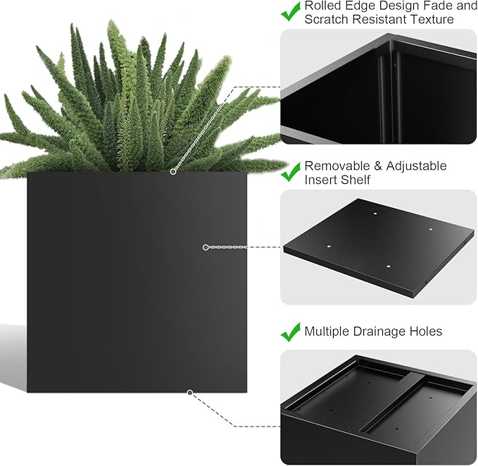 Metal Large Planter Box 20" L x 20" W x 20" H, Heavy Duty Tall Rectangle Outdoor Planter Box with Removable Insert Shelves for Porch, Garden, Patio, Yard (Black)