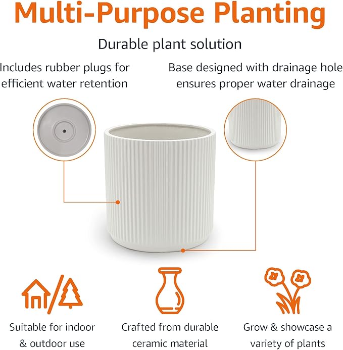 Amazon Basics Fluted Ceramic Round Planter with Drainage Hole, Indoor Outdoor Flower Pot, 10-inch, White