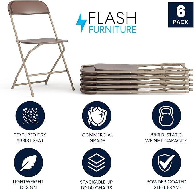 Flash Furniture Hercules Series Plastic Folding Chair - Brown - 6 Pack 650LB Weight Capacity Comfortable Event Chair-Lightweight Folding Chair