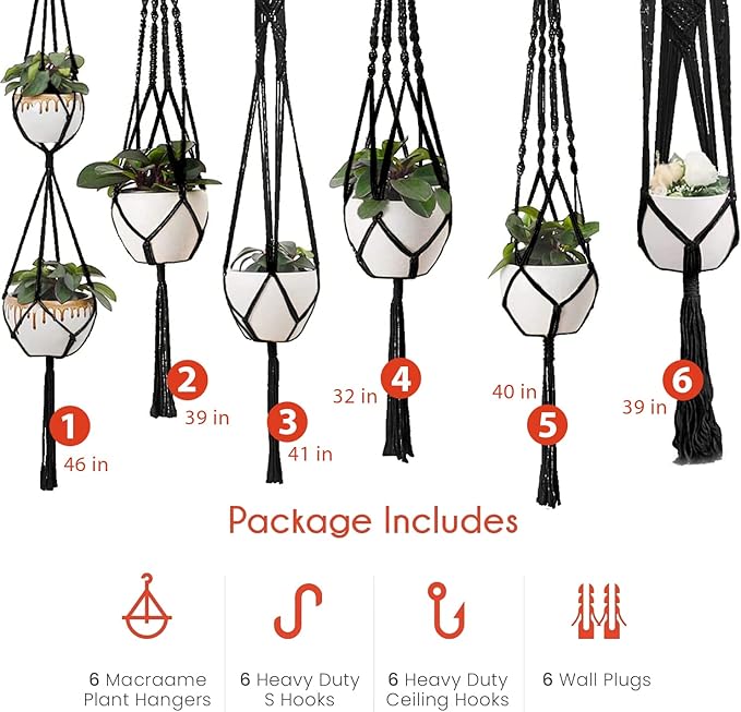 Feedee Macrame Plant Hangers - 6 Pack, Black, Indoor/Outdoor, Cotton