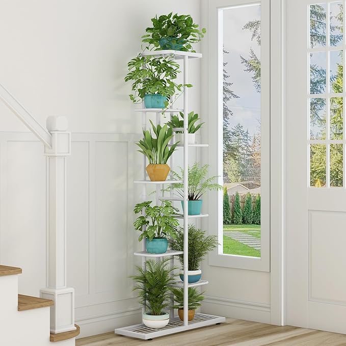 LINZINAR Plant Stand Metal Indoor Outdoor 8 Tier 9 Potted Multiple Flower Pot Holder Shelf Indoor Outdoor Planter Display Shelving Unit for Patio Garden Corner Balcony Living Room