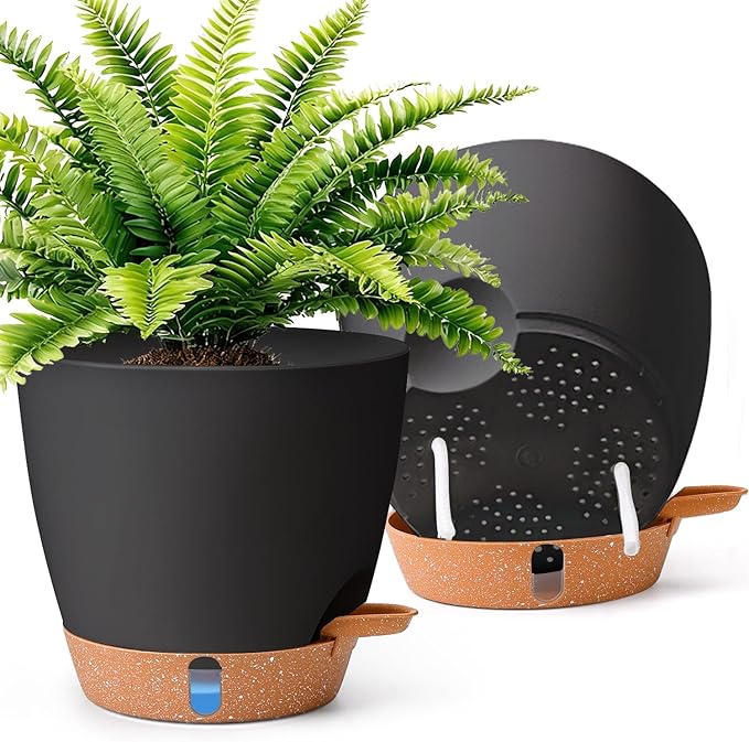T4U 2 Pack 8 Inch Self Watering Pots - Water Level Indicator & Deep Reservoir, Mess-Free Planter for Busy People, Beginners & Gardeners, Pothos/Herbs/Snake Plants, Indoor Outdoor Use (Black)