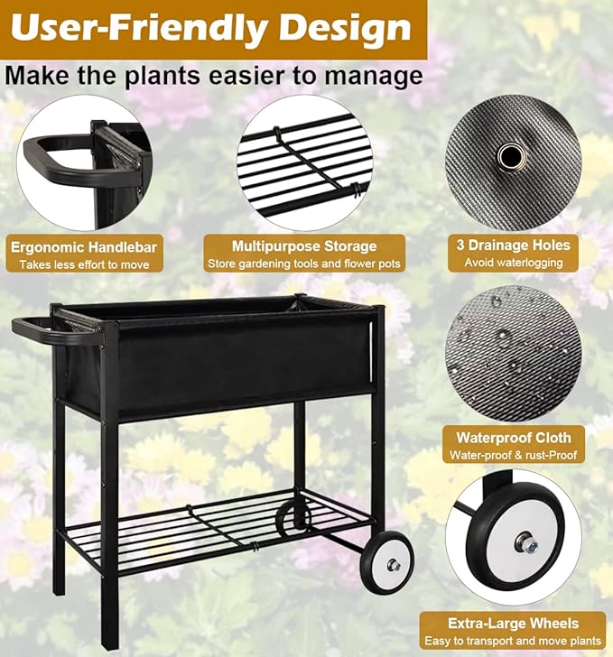 Koutemie Outdoor Raised Planter Bed Box with Legs for Gardening, Elevated DIY Garden Cart on Wheels for Vegetables Flower Tomato Herb Plant, Black